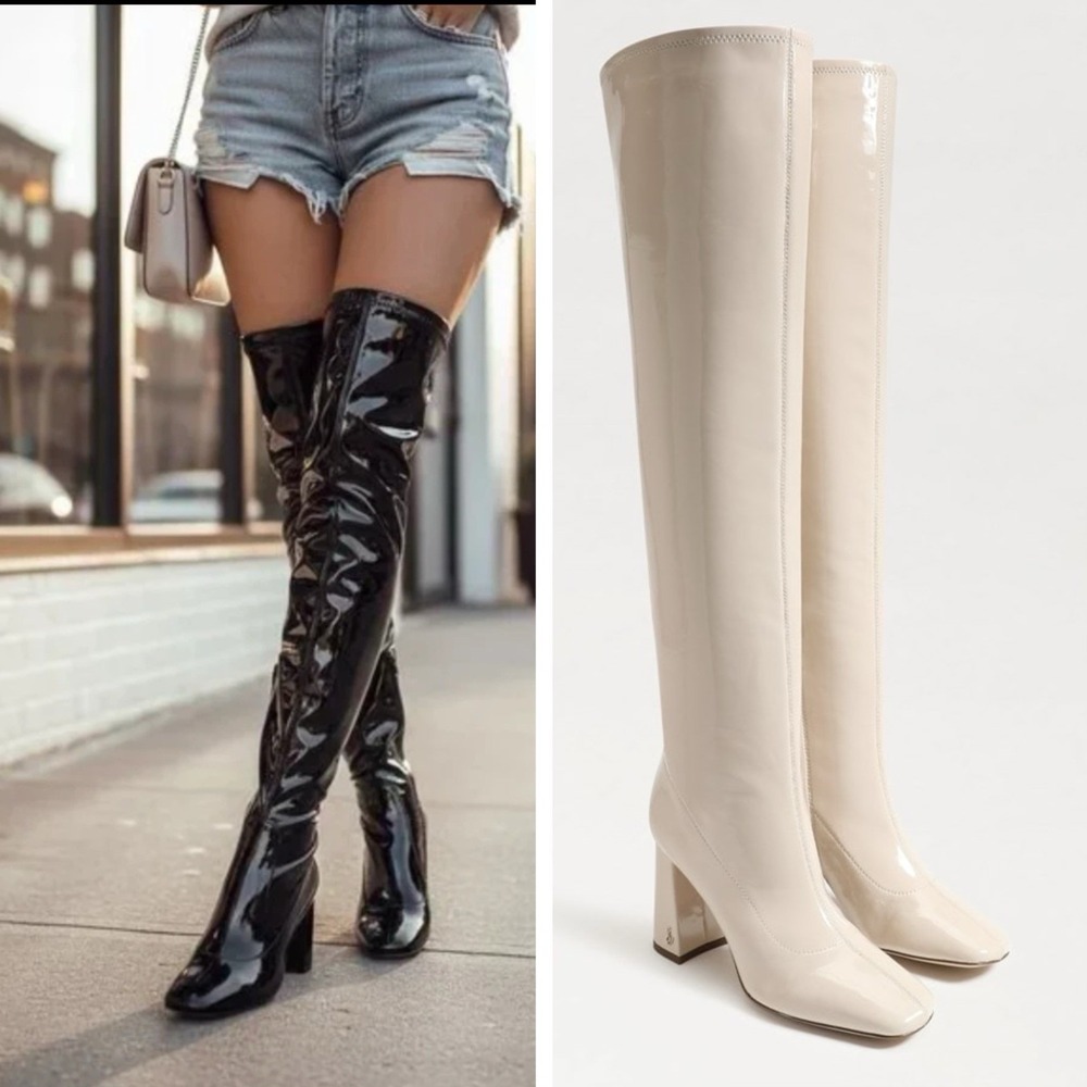 Sam Edelman Cosette OTK Over the Knee Boots chai latte patent Block Heel US 6